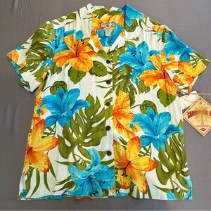 Caribbean Joe White Hawaiian Shirt with Blue & Yellow Floral Print